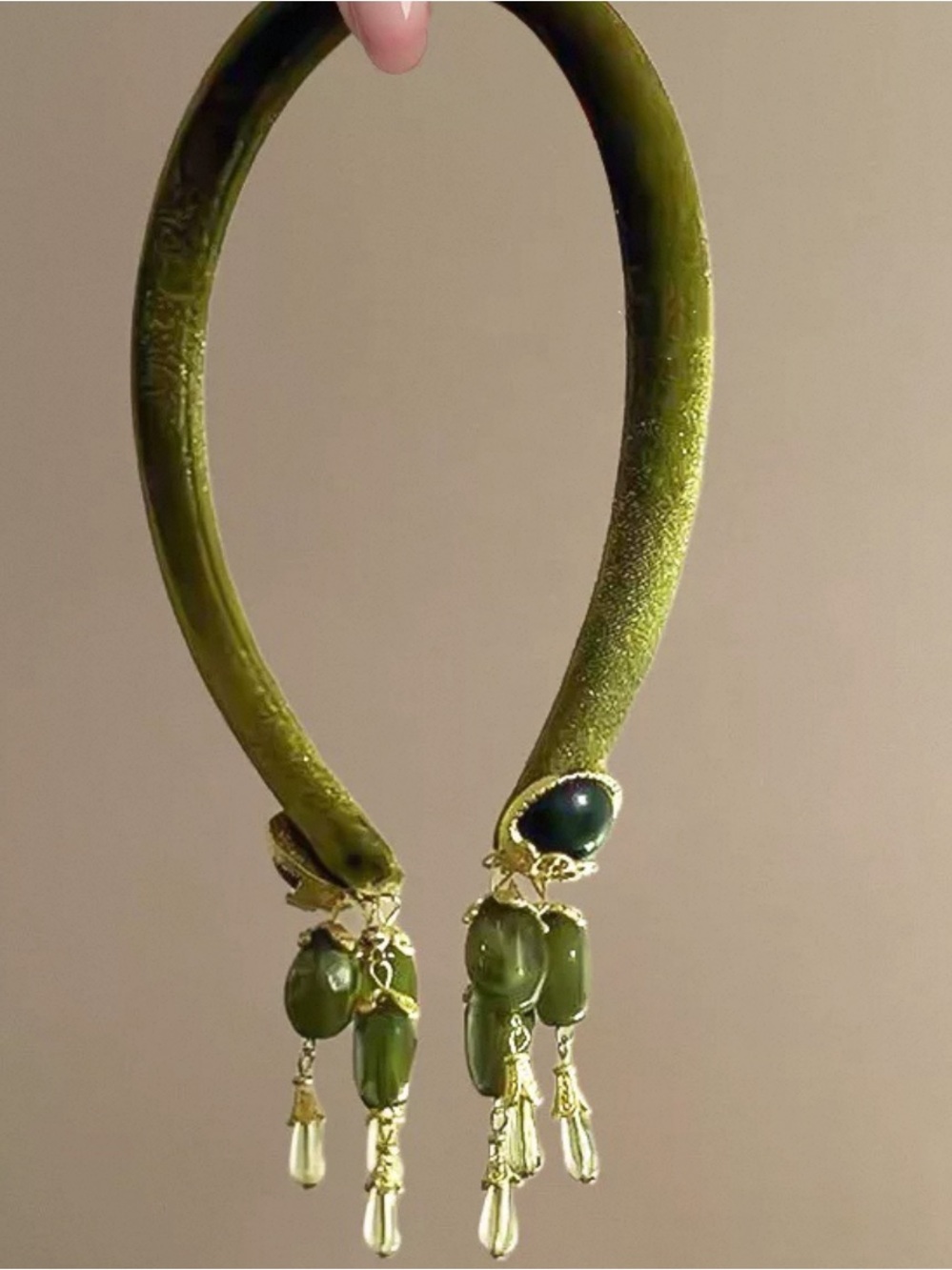 Olive Green Velvet Statement Headband with Bead Tassels - Picture 3 of 3